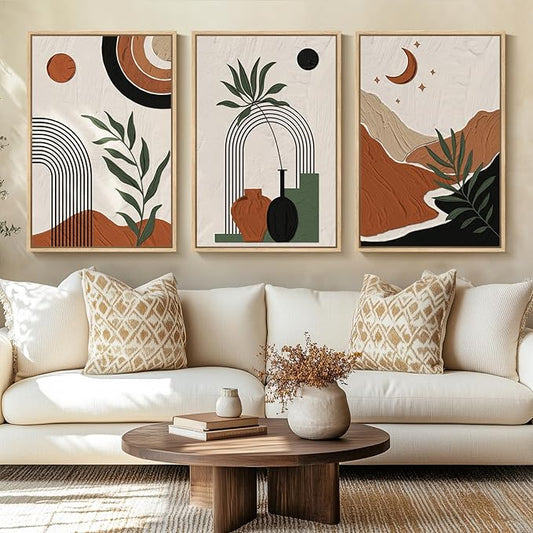Boho Framed Canvas Wall Art, 3 Pieces Beige Black Orange Abstract Geometric Prints, Boho Wall Hanging Pictures for Living Room, Hallway, Office - Total 30x60 Inch