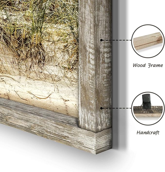 Beach Framed Wooden Wall Art: 48"x24" Coastal Theme Painting Ocean Artwork Seaside Sand Dunes Picture Prints for Home Decor