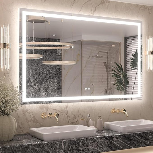 Keonjinn 55 ” x 36 ” Lighted Mirror for Bathroom Wall, LED Mirror with Frontlit & Backlit, Bathroom Mirror with Lights, Dimmable 3-Color Lights, HD Tempered Glass, UL-Listed LED Driver
