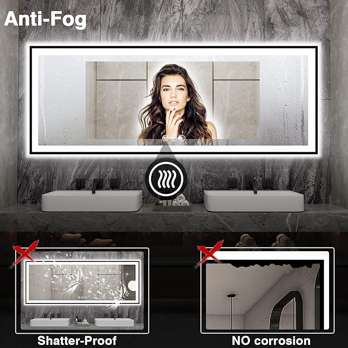 Large LED Bathroom Mirror - Black Aluminum Framed, Anti-Fog, Stepless Dimmable, 3 Colors Smart Mirror (Horizontal/Vertical)