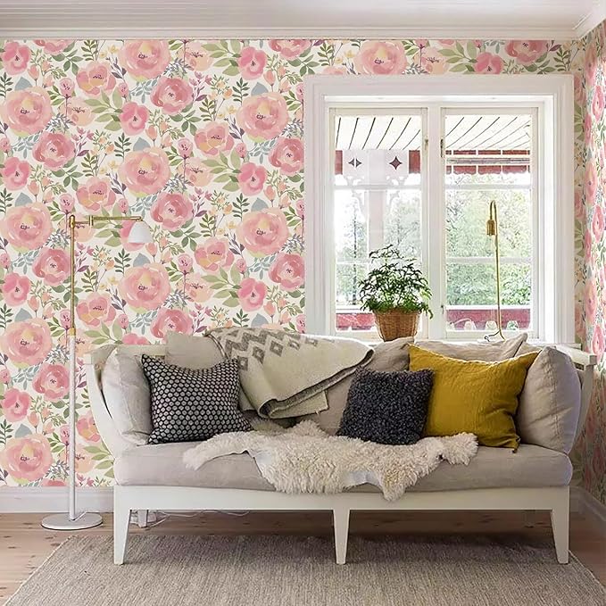 Orainege Floral Wallpaper Peel and Stick Wallpaper 16.9in x196.8in Peony Flowers Floral Contact Paper Removable Self Adhesive Wall Paper Decorative for Cabinets Walls Shelf Liner, Peachy