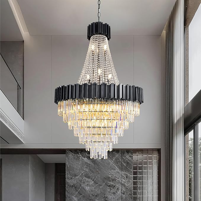 54" Long Crystal Chandelier for High Ceilings, 21-Light Modern Black Large Chandeliers for Staircase, Foyer, Entryway, Living Room, Hallway, Luxury Top K9 Crystal Tiered Ceiling Light Fixture