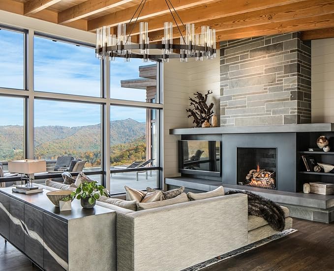 48 Inch Black Chandelier, Wagon Wheel Chandelier with Glass Shade, 16-Lights Large Round Modern Farmhouse High Ceiling Pendant Lighting Fixture for Dining Room, Living Room, Kitchen, Foyer