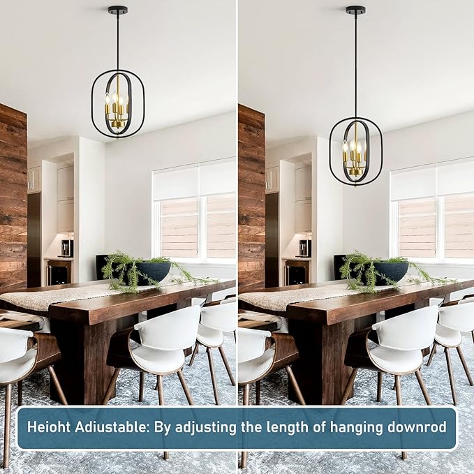 12.2'' Black and Gold Farmhouse Chandelier 4 Light Fixture for Dining Room, Kitchen Island & Entryway, Adjustable Industrial Rustic Geometric Hanging Chandelier for Living Room, Foyer, Hallway