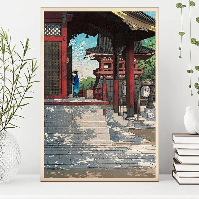 OZCONO Japanese Temple Art Print, Traditional Shrine Wall Decor, Vintage Style Ukiyo-e Woodblock Design, UV-Resistant Giclée Print (30L x 20W)