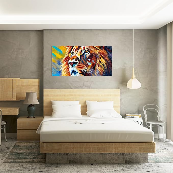 AmoyArt Large Lion Wall Art for Living Room, Animal Canvas Wall-Decor for Bedroom, Colorful Print Picture for Home, Size 58x29 Inches