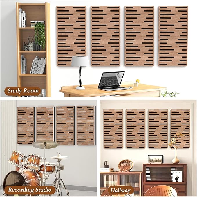 4Pack Acoustic Wall Panel, Self-Adhesive Soundproof Foam Panels for Wall, 3D Perforated Tri-Layer Polyester Fiber Decorative Acoustic Insulation for Recording Studio, Office, 24×12×1.78", Diverse-Line