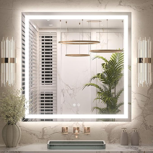 Keonjinn LED Bathroom Mirror with Lights 36" x 36", Frontlit & Backlit LED Mirror for Bathroom Wall with Dimmable 3-Color Lights, Anti-Fog Mirror with HD Tempered Glass, UL-Listed LED Driver