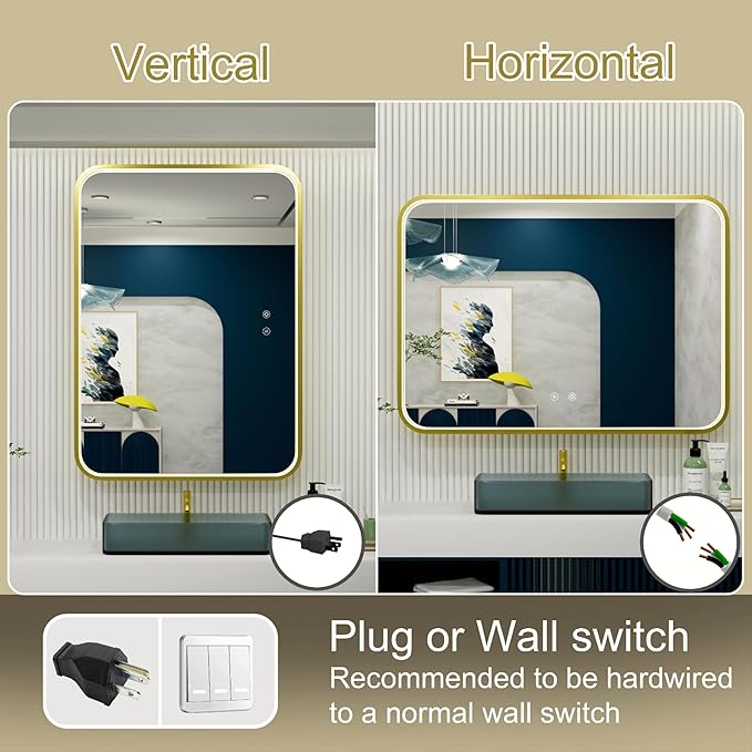 48x36 Inch Gold LED Bathroom Mirror with Lights, 3000K/4500K/6000K, Wall Mounted Lighted Vanity Mirrors for Bathroom, Memory Funtion, Stepless Dimmable, Anti-Fog, Horizontal/Vertical