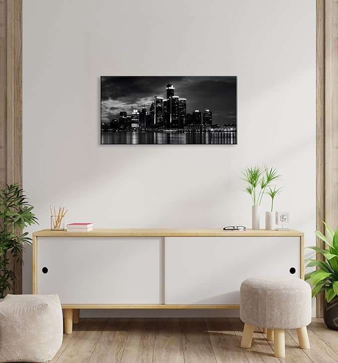 NAN Wind Detroit Skyline Canvas Wall Art Cityscape Night Scene Black & White City Art Print on Canvas Modern Giclee Framed Painting for Room Decor Home Decor Detroit Skyline Picture Prints