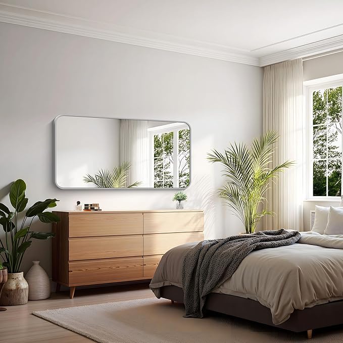 KOCUUY Silver Bathroom Mirror, 24x48 Inch Bathroom Mirror for Over Sink, HD Tempered Glass, Anti-Rust Brushed Silver Frame, Rounded Corner Modern Design for Bathroom, Hang Horizontal/Vertical