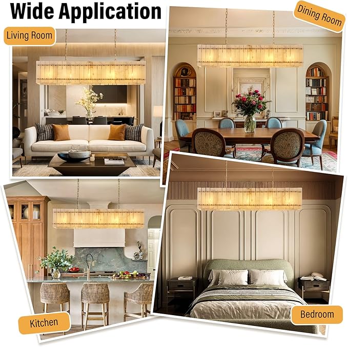 53.4" Rectangle Alabaster Chandelier, Modern Dining Room Chandeliers, 10-Light Marble Hanging Pendant Dining Light Fixture for Kitchen Island, Living Room, Bedroom, Foyer, Entryway