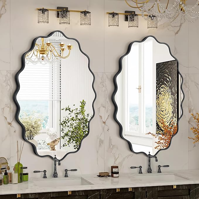 Oval Wavy Mirror - Irregular Wall Mirror 22"x30" Black Asymmetrical Aviation Aluminum Alloy Frame for Bathroom, Bedroom, Living Room, Cloakroom, Entryway
