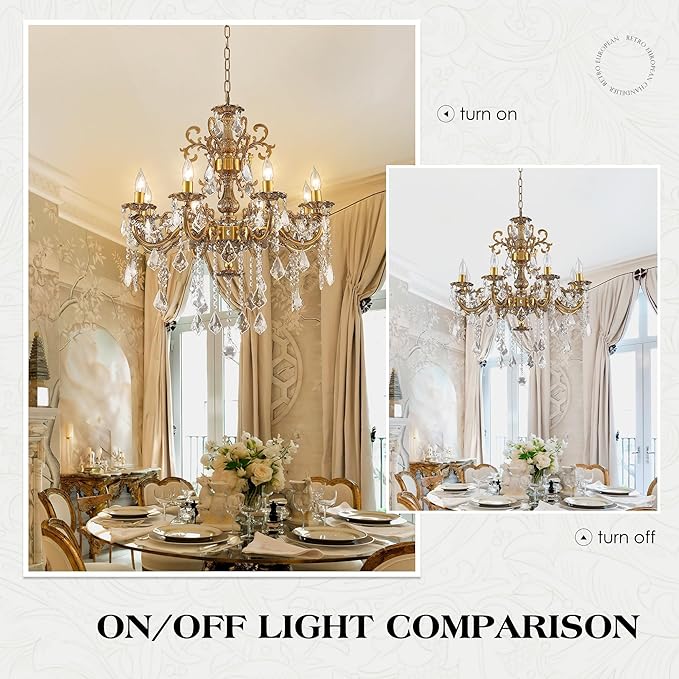 Antique Bronze Crystal Chandeliers, Candle Pendant Ceiling Light Fixture 8-Lights Luxury Gold Crystal Chandelier Adjustable Chain for Dining Living Room Bedroom Hallway 27 Inch