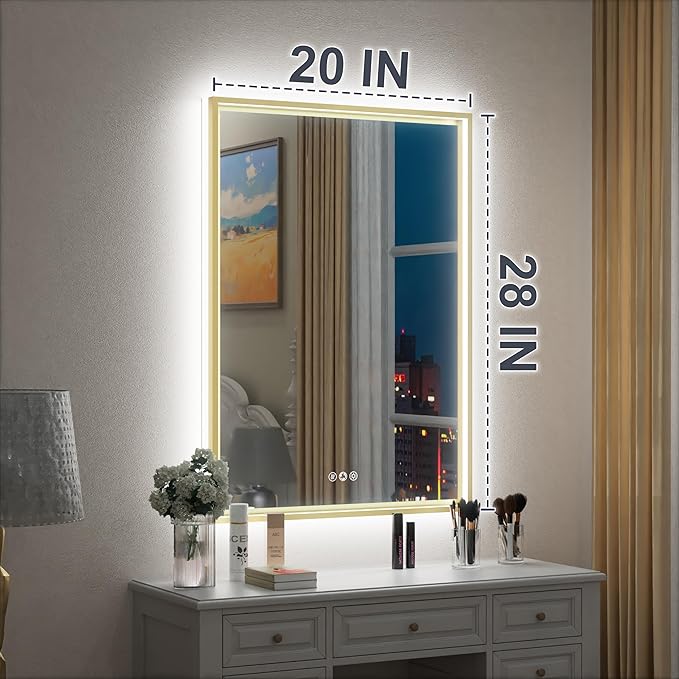 20x28 Inch Gold LED Bathroom Mirror, Front and Backlit Controlled Separately, Lighted Bathroom Vanity Mirror, 3000K/4500K/6000K, Wall Mounted, Dimmable, Anti-Fog, Horizontal/Vertical