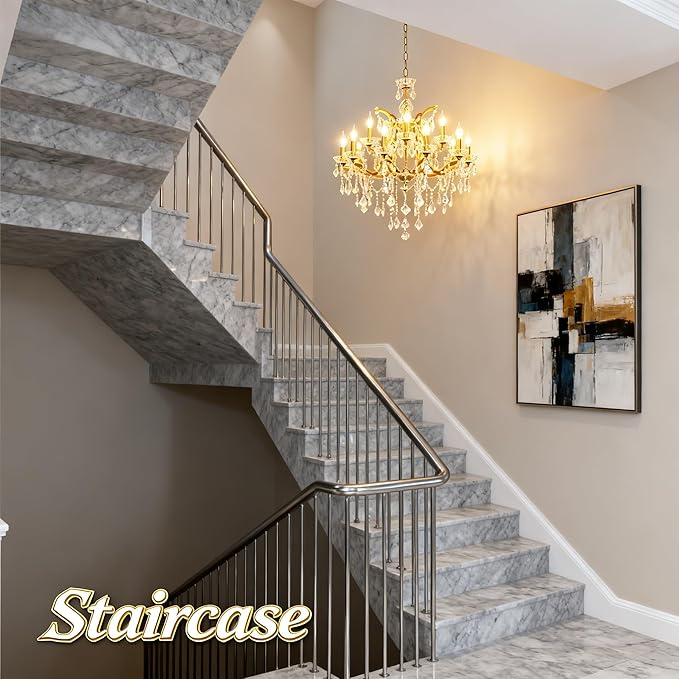 Antique Gold Crystal Chandeliers, Luxury Polished Golden Bronze Candle Pendant Ceiling Light Fixture, 15 Lights Golden Crystal Chandelier for Dining Room Living Room Bedroom Foyer