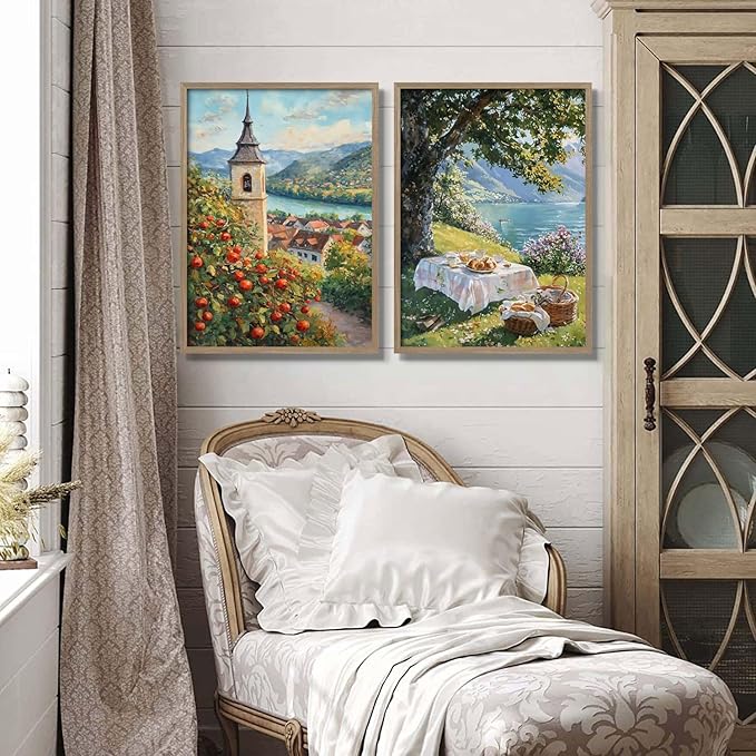 2 Pcs Wooden Framed Vintage Landscape Wall Art Pastoral Scenery Poster Countryside Scenery Artwork Canvas Print Lakeside Tree Shade Gallery Picture Living Room Bedroom Office Wall Decor 16x24 Inch