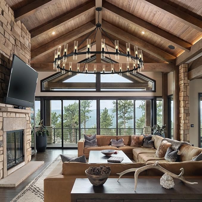 Black Wagon Wheel Chandelier 70 Inch, Large Chandeliers for High Ceilings, 24-Light Chandelier with Glass Shade, Modern Farmhouse Chandeliers for Living Room, Dining Room and Foyer(24 Bulbs Included)