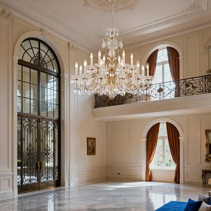 18 Lights Large Crystal Chandeliers for High Ceilings Brass Maria Theresa Chandelier Modern Chandelier Light Fixture for Foyer Entryway Staircase Hallway High Ceiling Living Room Dia 37 inch