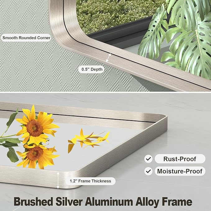 20x30 Inch Brushed Nickel Bathroom Mirror, Brushed Silver Metal Framed Wall Mirror, Rounded Corner Rectangle Modern Vanity Mirror, Tempered Glass, Anti-Rust, Shatterproof (Horizontal/Vertical)