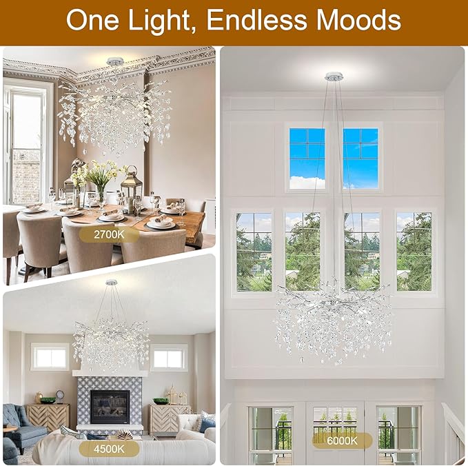 Modern Crystal Chandelier, 31.5" Silver Chandeliers for Dining Room 10 Lights Tree Branch Chandelier Lighting, Round Dining Room Light Fixtures Over Table, Foyer Chandeliers for Entryway