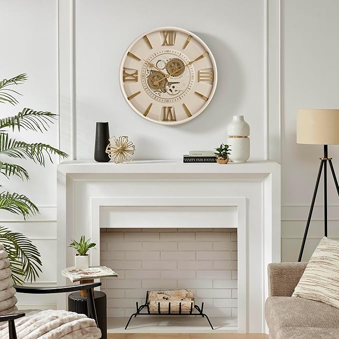 CLXEAST Mid Century Minimalist Modern Wall Clocks,24 Inch Wall Clock with Moving Gears, Large Cream Gold Wall Clocks for Living Room Decor,House Warming Gifts New Home