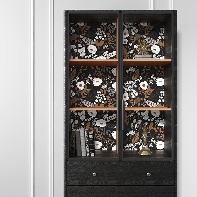 Brown Floral Peel and Stick Wallpaper Boho Leaf Contact Paper Dark Flower Removable Self Adhesive Waterproof Wall Paper for Cabinet Drawers Wall Decor Renter Friendly 17.5''x78.7''