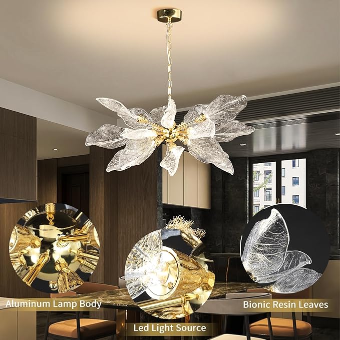 Modern Crystal Leaf Chandelier D31.5'' for Dining Room, Bedroom, Living Room, Foyer - LED Light Fixture Over Table, Gold-18 Lights, D800-Gold