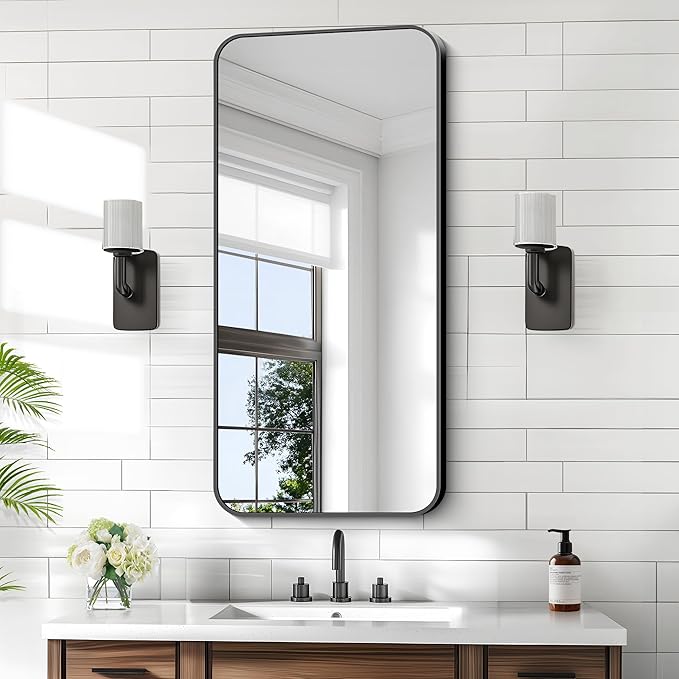 KOCUUY Black Bathroom Mirror, 20" x 40" Metal Frame Rectangle Mirror with Rounded Corner, Classic Design of Upgraded Shatterproof Glass for Bathroom, Bedroom, Living Room, Entryway
