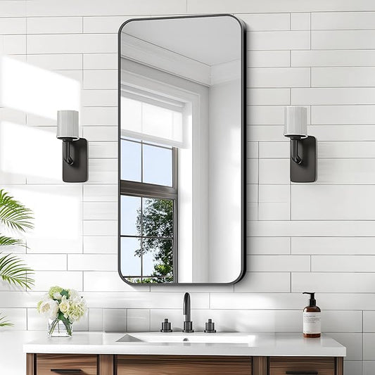 KOCUUY Black Bathroom Mirror, 20" x 40" Metal Frame Rectangle Mirror with Rounded Corner, Classic Design of Upgraded Shatterproof Glass for Bathroom, Bedroom, Living Room, Entryway