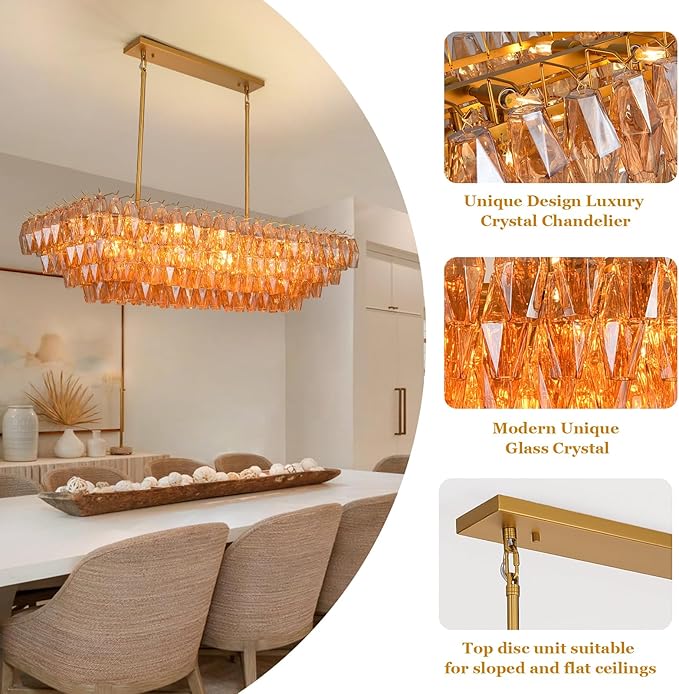 Modern Gold Rectangular Chandeliers for Dining Room, 14-Light 4 Tiered Crystal Brass Chandelier Over Dining Table, Amber Glass Chandeliers for Kitchen Island, Long Chandelier for Living Room