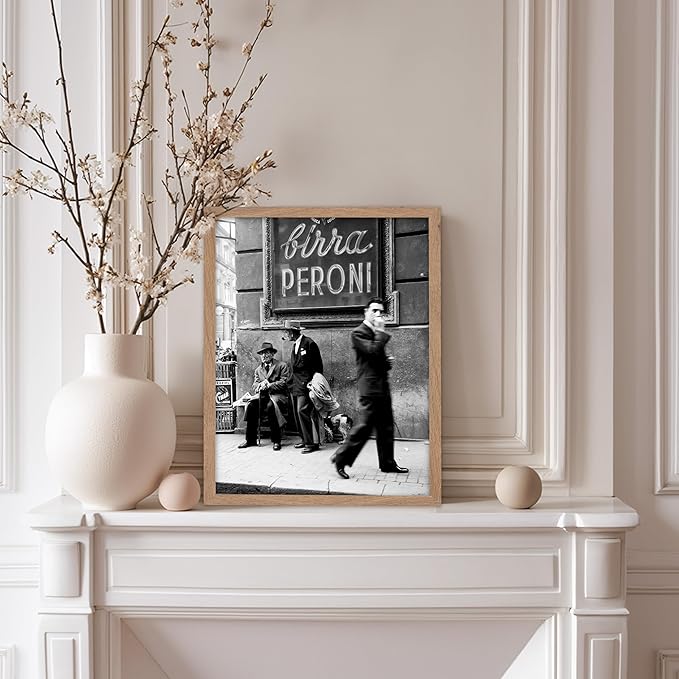 Poster Master Vintage Photograph Poster - Travel Print - Men in a Street of Napoli, Italy, Black & White, Minimalist - Gift for Artist, Friend - Wall Decor for Home, Office, 11x14 Beige Framed