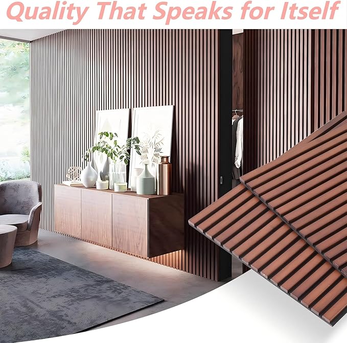 NAVREX 2 Solid Wood Slat Acoustic Panels for Wall and Ceiling - 3D Fluted Sound Absorbing Panel in Walnut Finish, Soundproof Wall Panels for Home Theater, Office & Bedroom Decoration with Flame Retardant Sound-absorbing Cotton (47.2 * 23.6in)