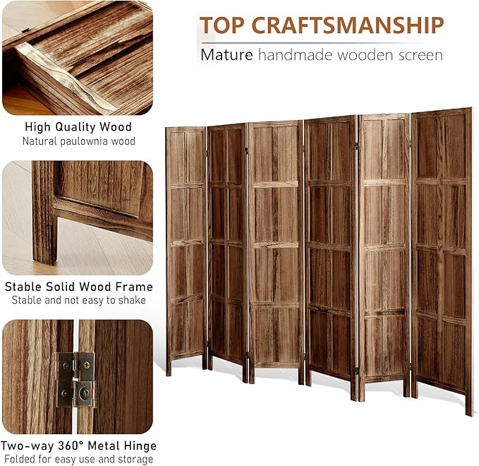 6 Panel Room Divider Wall, 5.6 FT Folding Privacy Screen Room Divider, Partition Divider for Room Separation, Room Partition Separator, Wooden Divider Screen for Home Office Bedroom (Brown)