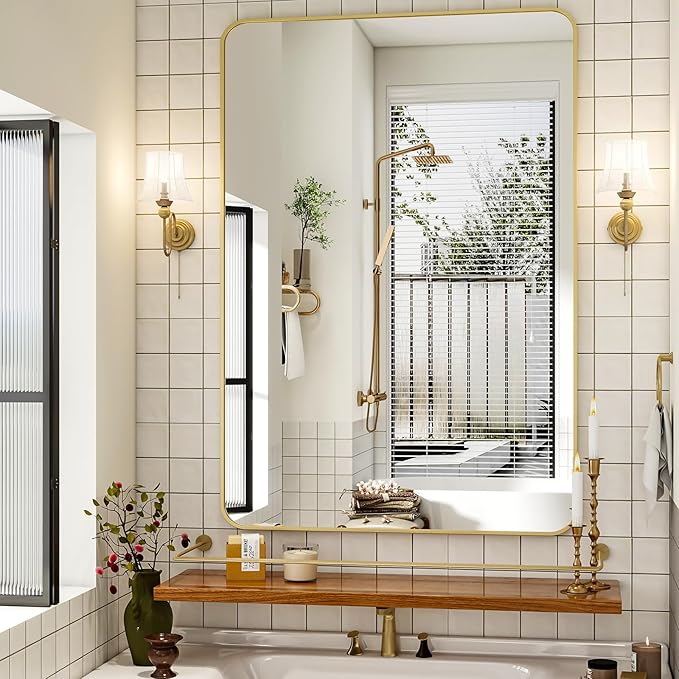 30 x 48 Inch Bathroom Mirror, Rounded Rectangular Vanity Mirror for Wall, Modern Mirror for Room Decor, Gold Framed Wall-Mounted Mirrors for Home Decor, Hangs Horizontally or Vertically