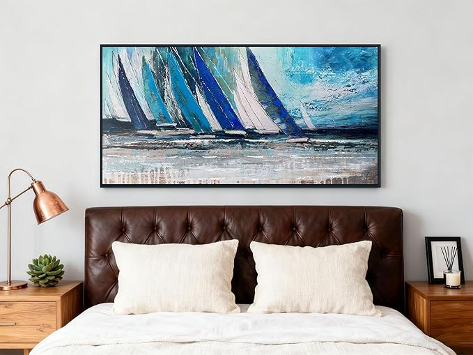 Arjun Framed Wall Art Blue Abstract Wall Art Canvas for Living Room, Teal Coastal Nautical Sailboat Picture Painting Artwork Bedroom Home Office Wall Decor, Black Wood Large 40"x20"