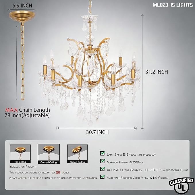 Antique Gold Crystal Chandeliers, Luxury Polished Golden Bronze Candle Pendant Ceiling Light Fixture, 15 Lights Golden Crystal Chandelier for Dining Room Living Room Bedroom Foyer