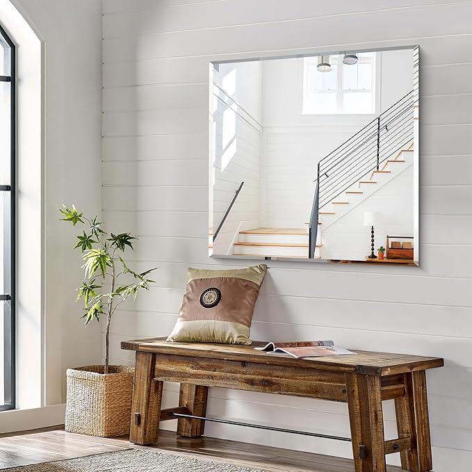 KOCUUY Beveled Mirror, 36x36 Inch Large Frameless Square Bathroom Mirror for Over Sink, Upgraded Shatterproof Beveled Unframed Design Mirror for Bathroom, Bedroom, Hang Horizontal/Vertical