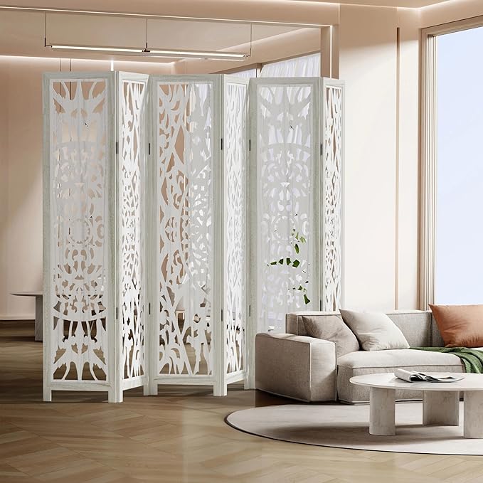 Casaphoria 6 Panels Room Divider, Folding Screen Room Divider with Carved Floral Pattern for Home Office, Restaurant and Bedroom, Paulownia Wood, 95" W x 67" H (White)