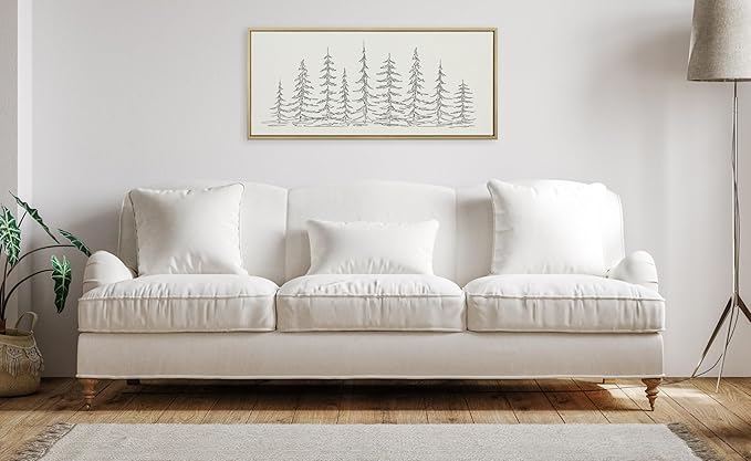 Kate and Laurel Sylvie Minimalist Evergreen Trees Sketch BW Framed Canvas Wall Art by The Creative Bunch Studio, 18x40 Bright Gold, Minimal Christmas Tree Art for Wall