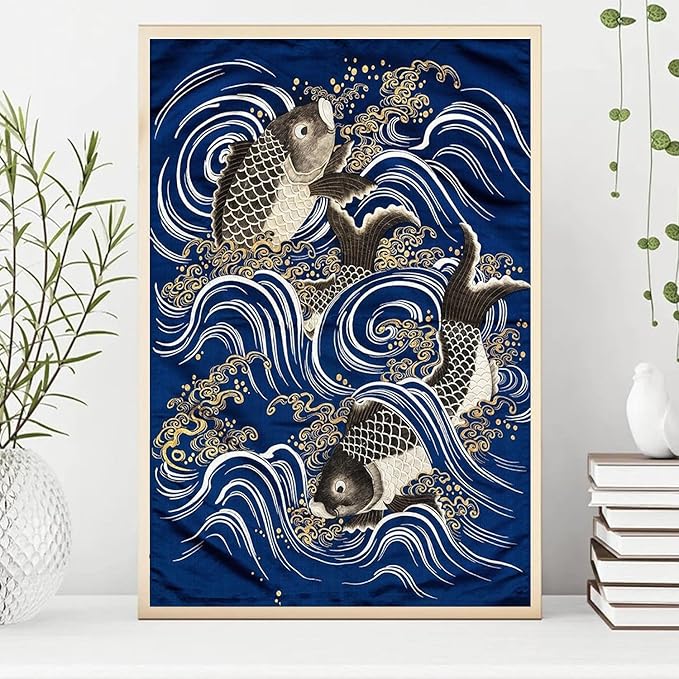 OZCONO Japanese Koi Fish Wall Art Print, Traditional Wave Pattern, Navy Blue and Gold, Unframed Gallery Quality (36L x 24W)
