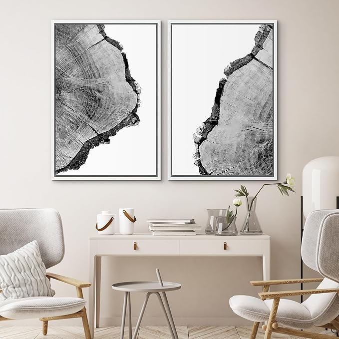 SIGNWIN Framed Wall Art Print Set Black & White Close Up Tree Ring Details Nature Wilderness Photography Modern Art Rustic Relax/Calm Multicolor for Living Room, Bedroom, Office - 16"x24"x2 White