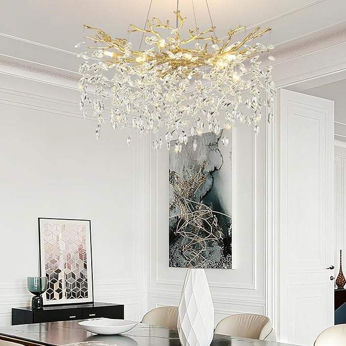 Modern Crystal Chandelier Gold Tree Branch Chandelier 23.6" Luxury Gold K9 Crystal Chandeliers 6-Light Ceiling Hanging Chandeliers for Dining Room Kitchen Island Foyer