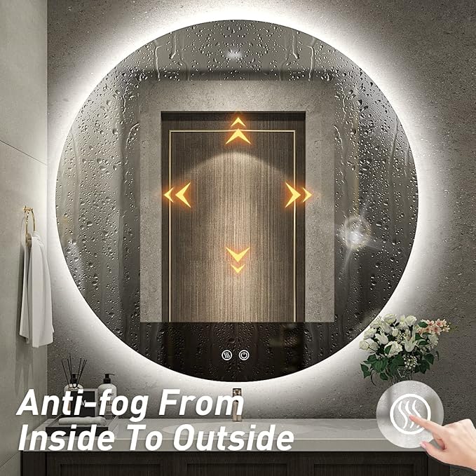40 Inch Round LED Bathroom Mirror - 6000K Daylight Backlit, Anti-Fog & Dimmable, Frameless Waterproof Mirror with Touch Control, CRI90+, IP54 for Vanity & Makeup