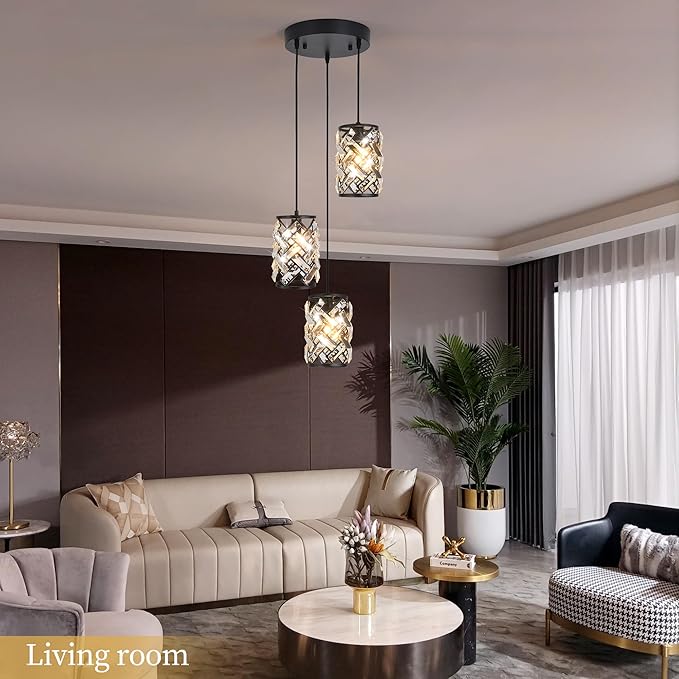 Black Crystal Pendant Light for Kitchen Island, Adjustable Hanging Chandelier with Ambient Lighting, 51 Inch Chain, E12 Base, Plated Modern Farmhouse Fixture for Dining Room, Bedroom, Living Room