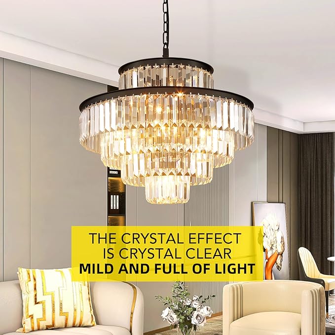 Black Modern Style Crystal Chandeliers & LightsRound Hanging Classic, Pendant Ceiling Chandelier Lighting Fixture 5-Tier for Dining Room Living Room(24 inch,Black)