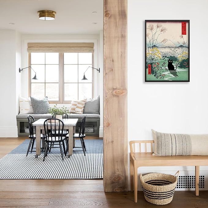 Black Framed Canvas Wall Art Posters Funny Japanese Black Cat Poster Modern Ukiyo-e Decor Picture for Home Bedroom Dorm Wall Decorations 12x16in