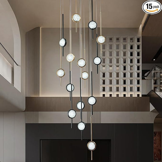 Modern Crystal 15-Light Chandelier, Black and Gold Special Exclusive Bubble Raindrop Chandelier for Spiral Staircase, Foyer, Entryway,High Ceiling (45W)