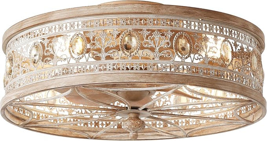 18" Rustic Cottage Distressed Wood-Look Fandelier with Remote, Small Farmhouse Enclosed Ceiling Fan Light, Low Profile Flush Mount for Entryway, Kids Room, Cozy Spaces