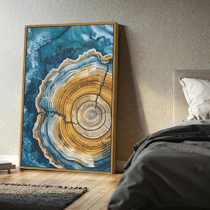 BingruiArt Large Framed Tree Ring Wall Art Wood Canvas Colorful Boho Wall Decor Rustic Artwork Abstract Painting Farmhouse Picture Nature Print for Living Room Bedroom Bathroom 24"x36" Natural Framed(07)